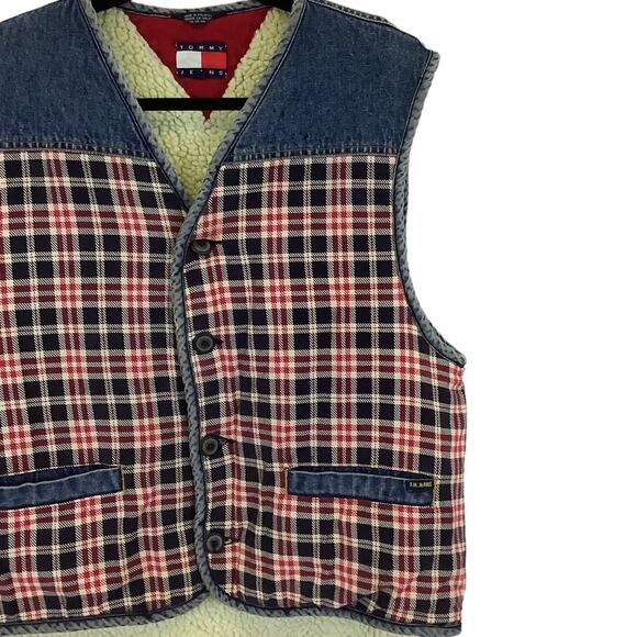 Vintage Tommy Jeans Sherpa Denim Vest Patchwork Plaid Big Logo Size Large - Picture 2 of 10